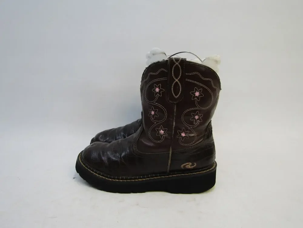Roper Brand Youth Size 2 M Brown Leather Gator Print Cowboy Western Boots